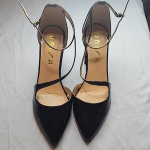 Unisa Black Heels with Gold Ankle Strap